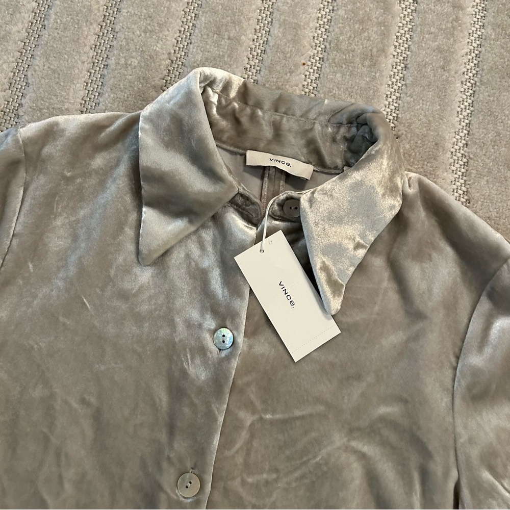 NWT Vince Shaped Collar Long Sleeve Velvet Button up Blouse in Silver - S